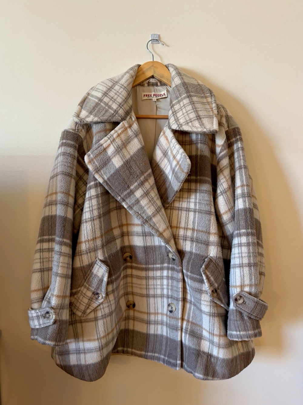 Free People Plaid Wool-Blend Peacoat in Cream & Taupe
